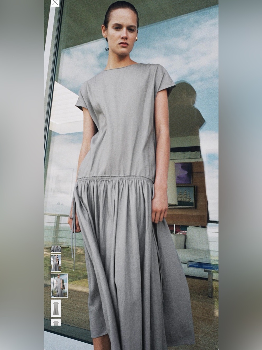 NWT Zara Women’s Collection Small Gray Short-Sleeve Gathered Maxi Dress Linen
